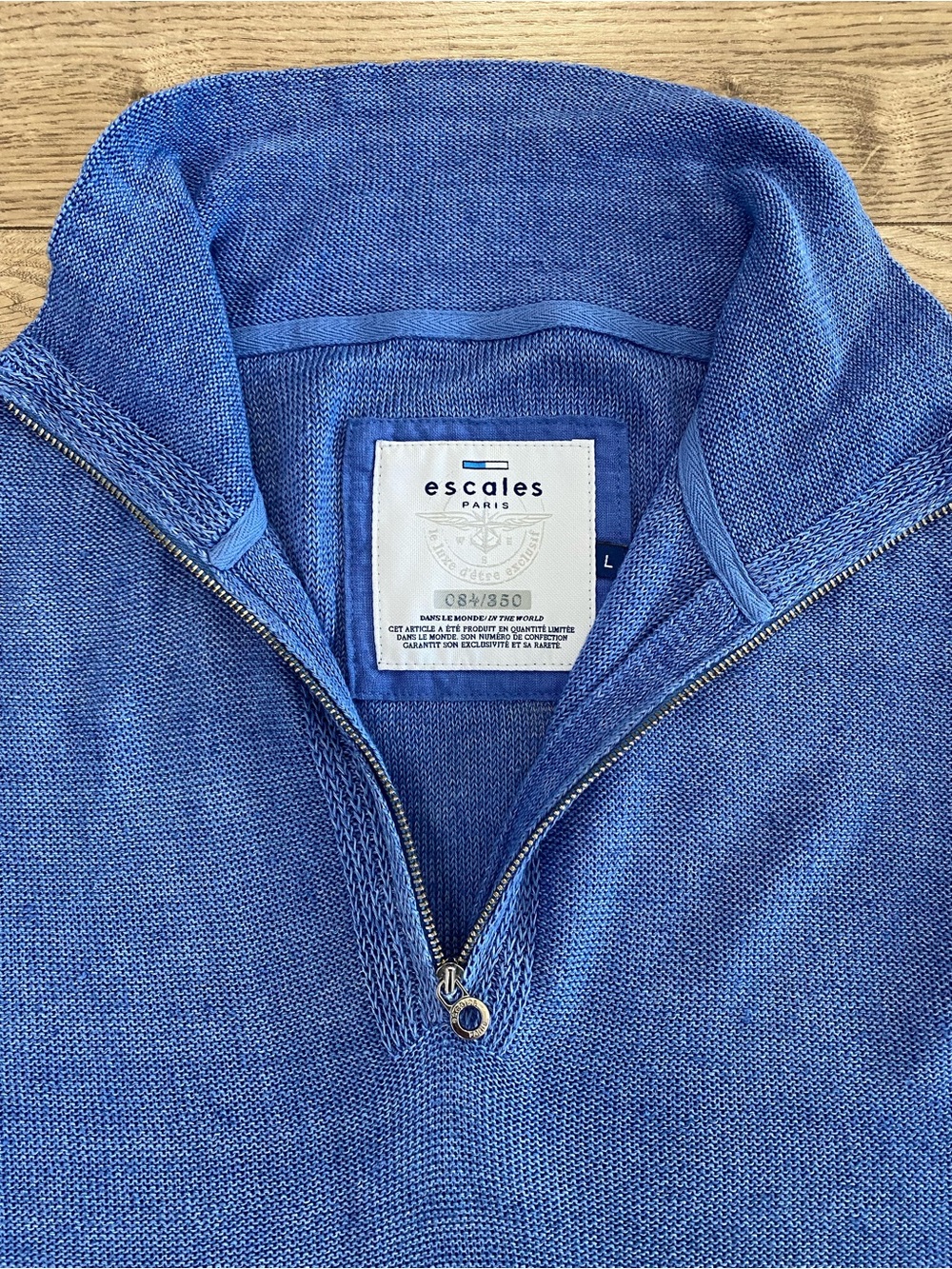 Escales Paris Men’s Blue Linen Zip-Up Knit Sweater Size L sunbleached breezy